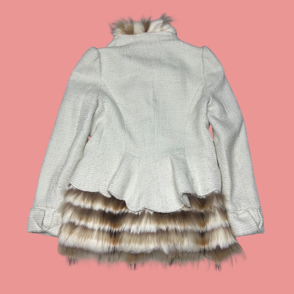 Cream Tweed Faux Fur Lined Peplum Jacket Gold Buttons Silk Blend Sz 4 - Picture 2 of 6